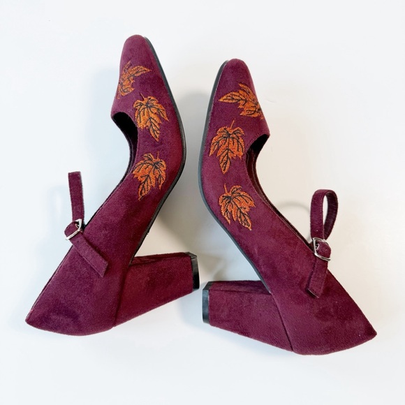 Lulu Hun Women Burgundy Autumn Leaf Embroidery Babydoll Heels US7 Coquette Fairy - Picture 4 of 10